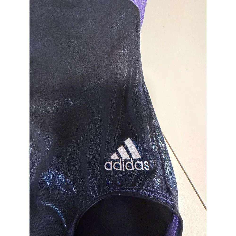 Adidas GK Elite Gymnastics Leotard Kids Black Purple Metallic Shimmer Strappy